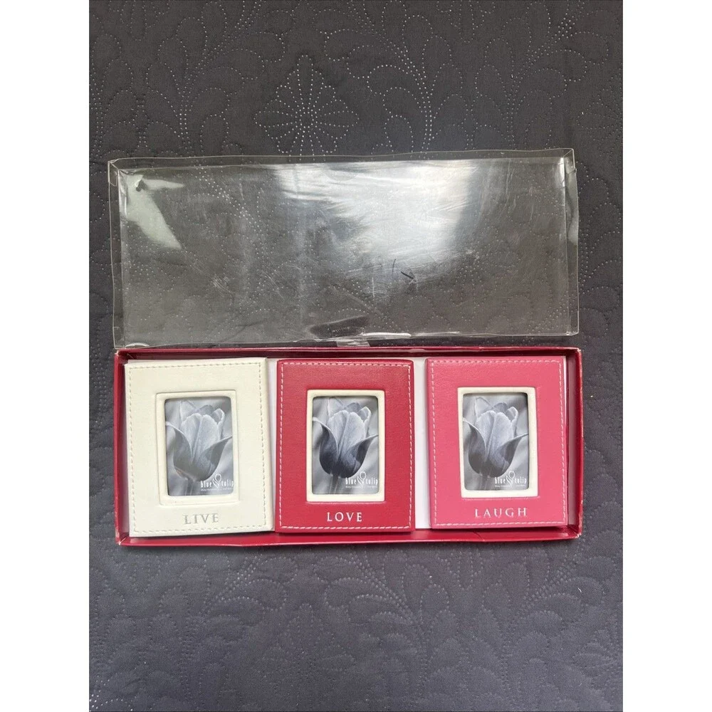 Blue Tulip 3pc LIVE LOVE LAUGH Leather Photo Frame Set 2 1/2”x1 1/2” Accent Gift